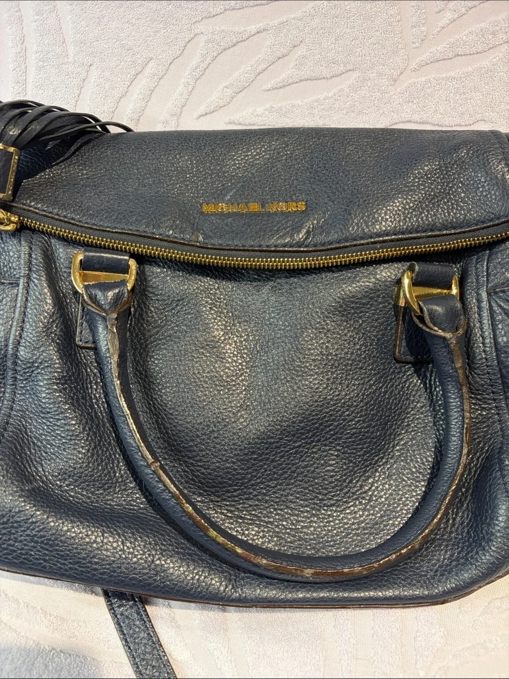 Michael Kors Navy Pebbled Leather Shoulder Bag with Gold Hardware